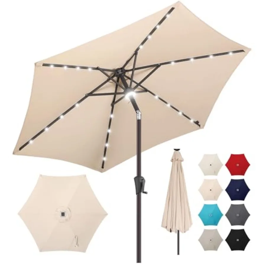Solar Umbrella Outdoor - Lighted Solar Patio Umbrella with 24 LED Lights Waterprool UV Protection Table Umbrella with Tilt for