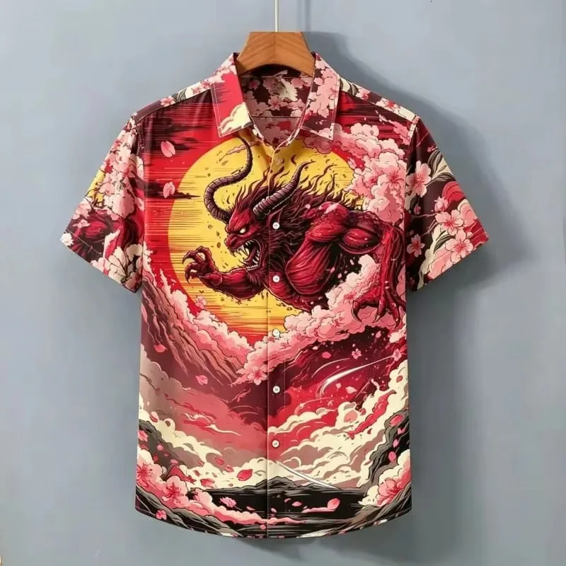 Men's Shirt Japanese Print Short Sleeve Button Down Shirts Turn Collar Summer Vacation Casual Tops Men Clothing