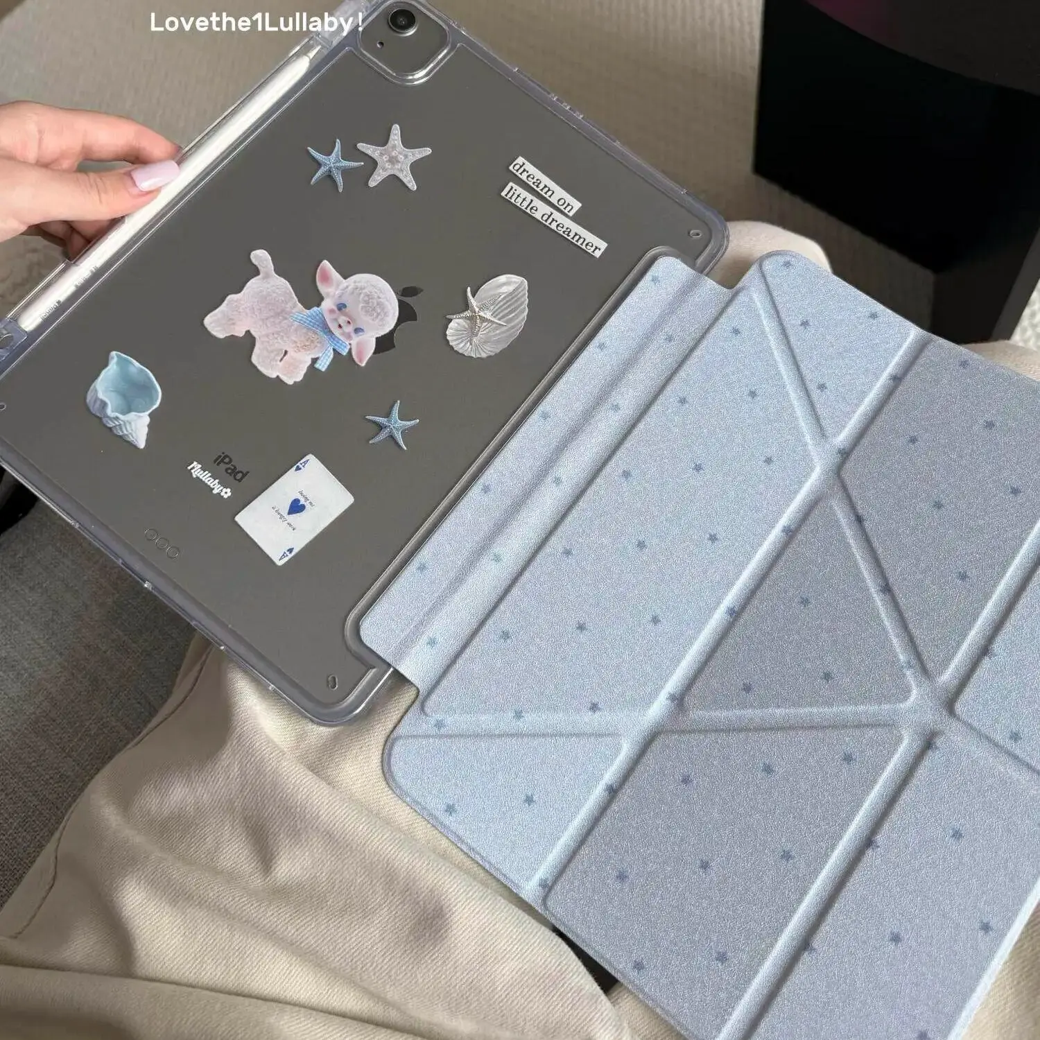 

Чехол для iPad с милым иллюстративным дизайном в корейском стиле Sea Salt Blue, Kawaii, для iPad 10, 9, 8, 7, Air 5, 4, 3, 2, Pro 11, Mini, Y-Fold, Tri Fold Cover