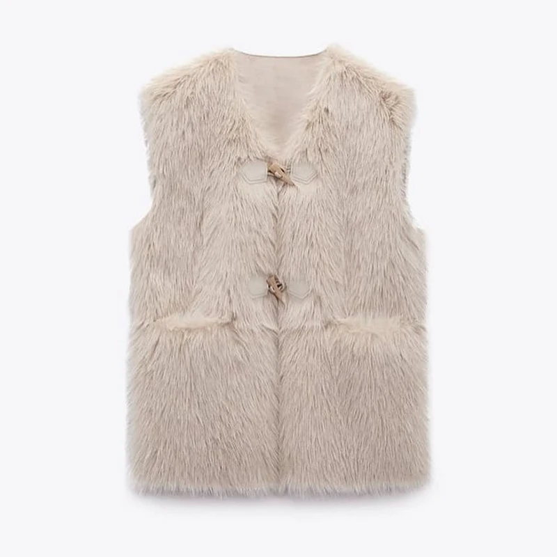 Women Horn Buttons Long Faux Mink Fur Vest Tops Luxury Designer Winter Sleeveless Overcoat Brand Fashion Waistcoat Gilets Casaco