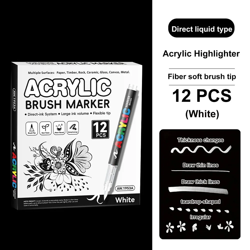 12Pcs/Box Black/White Acrylic Marker Pen Waterproof Quickly Dry Acrylic Paint Markers Soft Tip DIY Direct-Liquid Ink Marker