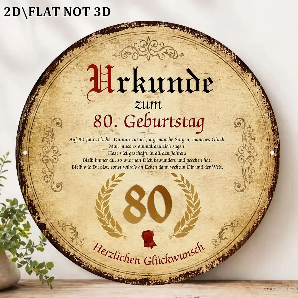 2D Flat Circular Sign, Vintage Decorative Plaque with 80Th Birthday Blessing, 80Th Birthday Gift Decor Sign,