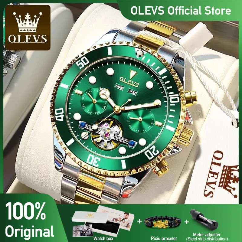 OLEVS Men's Mechanical Watches Waterproof Business Stainless Steel Strap Wristwatch Skeleton Automatic Watch for Man Calendar