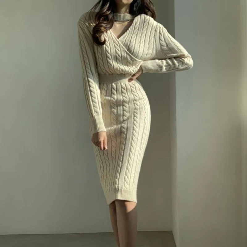 Korean Chic Double Sided Wear Knit Dress Women Autumn Sexy Slits Slim A Line Dress Y2K Streetwear O Neck All Match Midi Dress