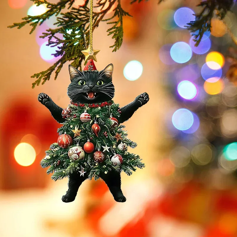 Faroot Home Festival Decor Christmas Tree Decorations Acrylic Cute Black Cat Hanging Ornaments Christmas Supplies for Decoration