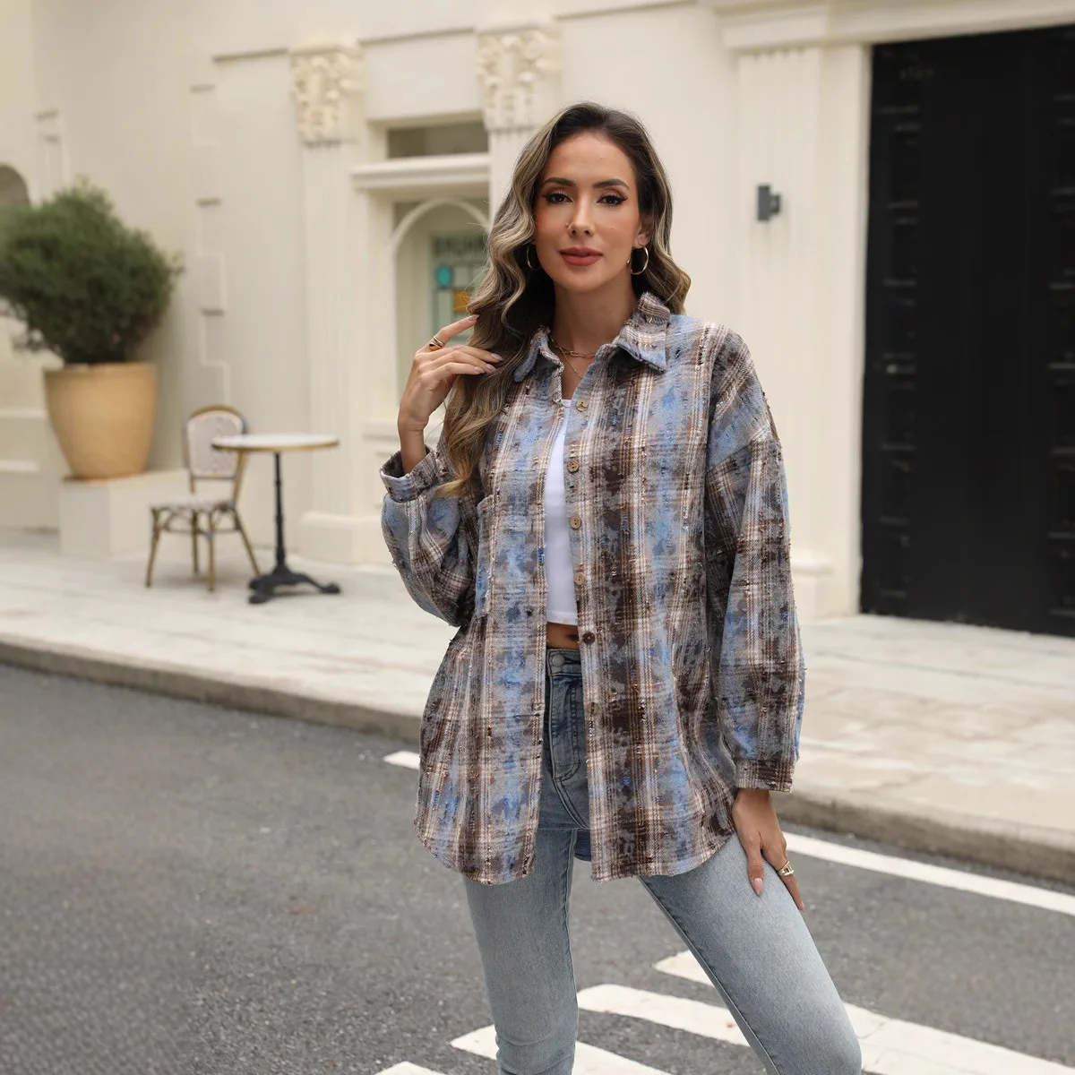 

2025 Autumn Fashion Baggy Plaid Women'S Blouse Elegant Lapel Long Sleeve Shirts And Blouses Vintage Pocket Lace-Up Top Female