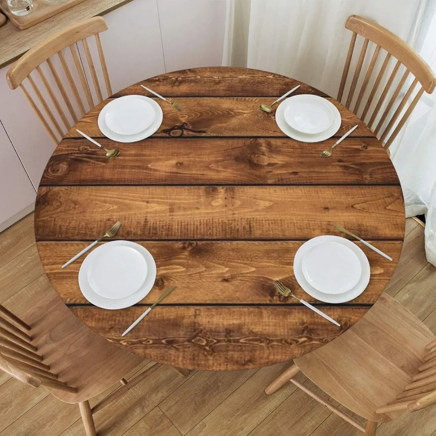 

Brown Aged Wood Grain Board Round Tablecloth with Elastic Edge Table Cover Waterproof Reusable Table Cloth for Holiday Kitchen