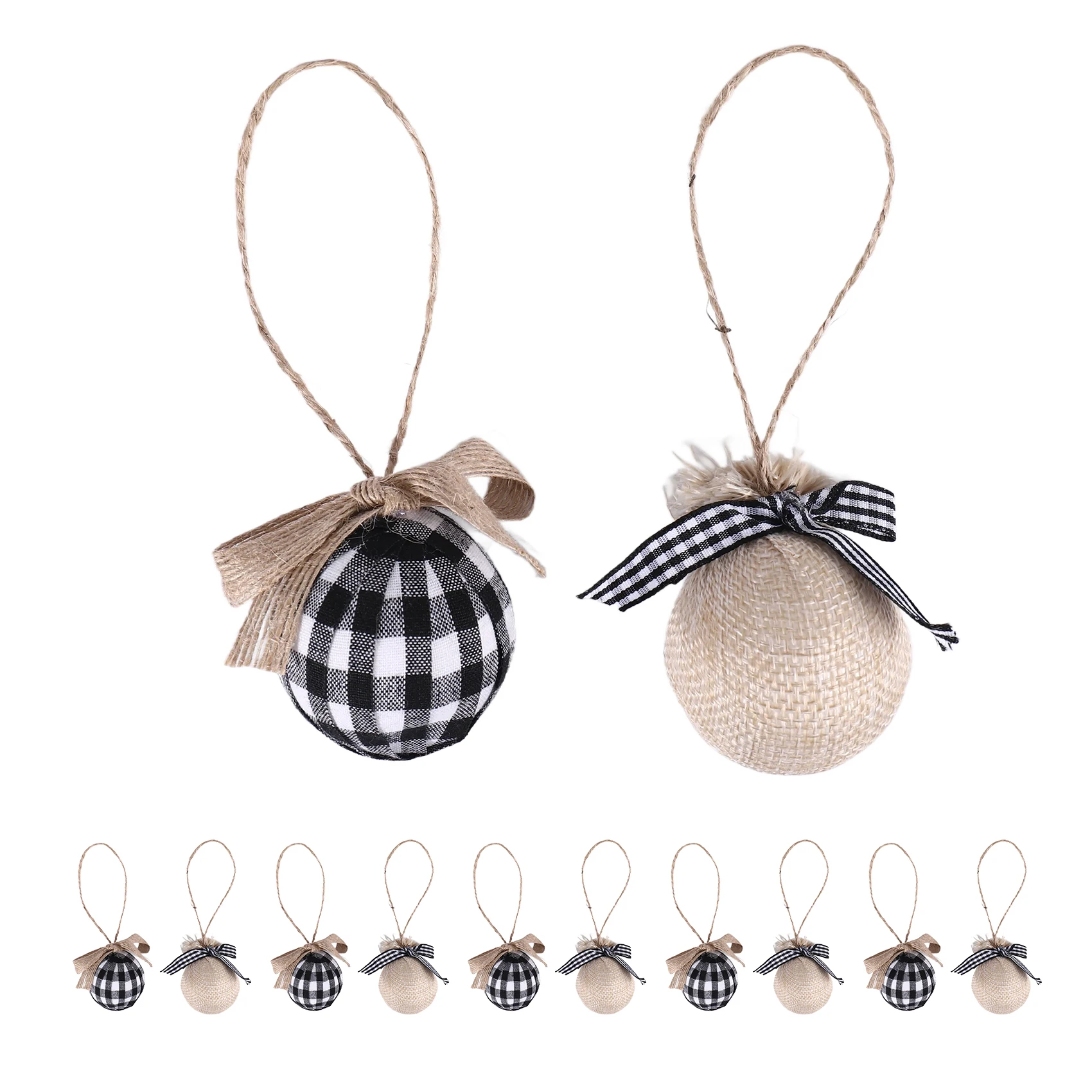 Christmas Tree Ornaments, 12 Pcs 2-1/2 Inches White Black Buffalo Check Plaid Stitching Burlap Christmas Decorations