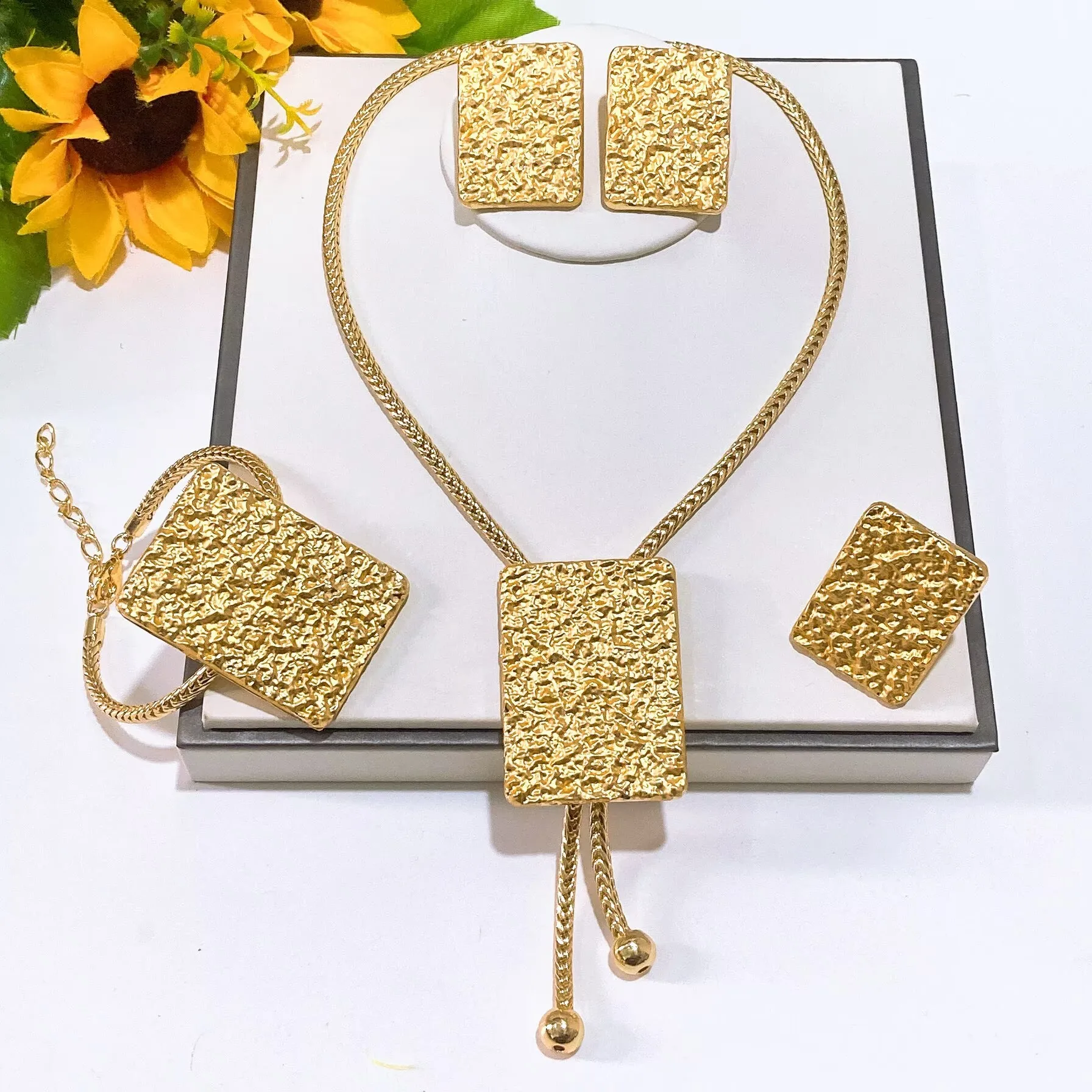 New In Floral Tassel Jewelry Set Tri-Tone Gold Plated Necklace Earrings Ring Set, Sparkling Fashion Accessory for Women