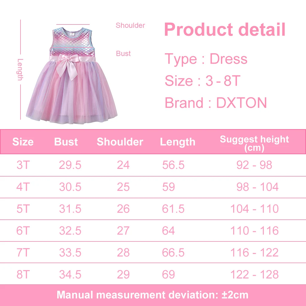 DXTON Girls Mermaid Dress Kids Summer Sleeveless Princess with Bow Knot Girls Birthday Party Elegant Dress Children Clothing