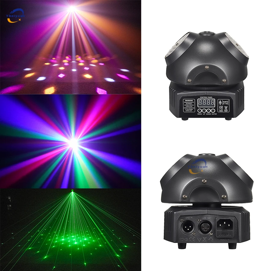 Mini LED Kaleidoscope with Remote Control Strobe + Green Laser Rotating Stage Light DMX 512 Disco DJ Christmas Wedding Party Bar