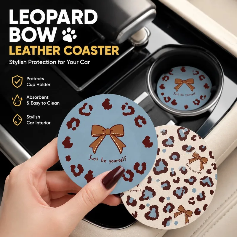 Leopard‑print Bow‑knot Leather‑crafted Cup‑coaster Vehicle‑mounted Drink‑pad Non‑slip Heat‑isolating Mat Chic Automobile