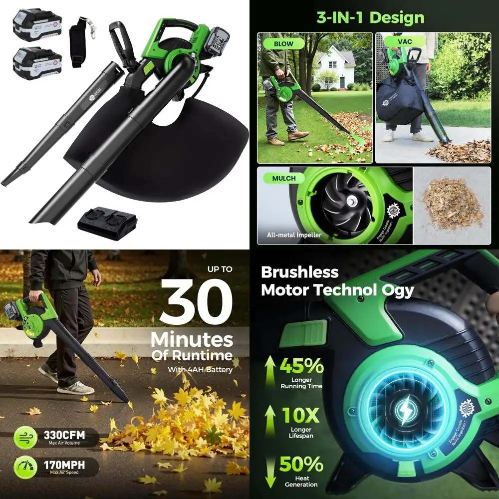 

Cordless 3-in-1 Leaf Blower Vacuum Mulcher with 40V, 170MPH Brushless Motor, 2 x 4.0Ah Batteries and Charger, 5 Speeds