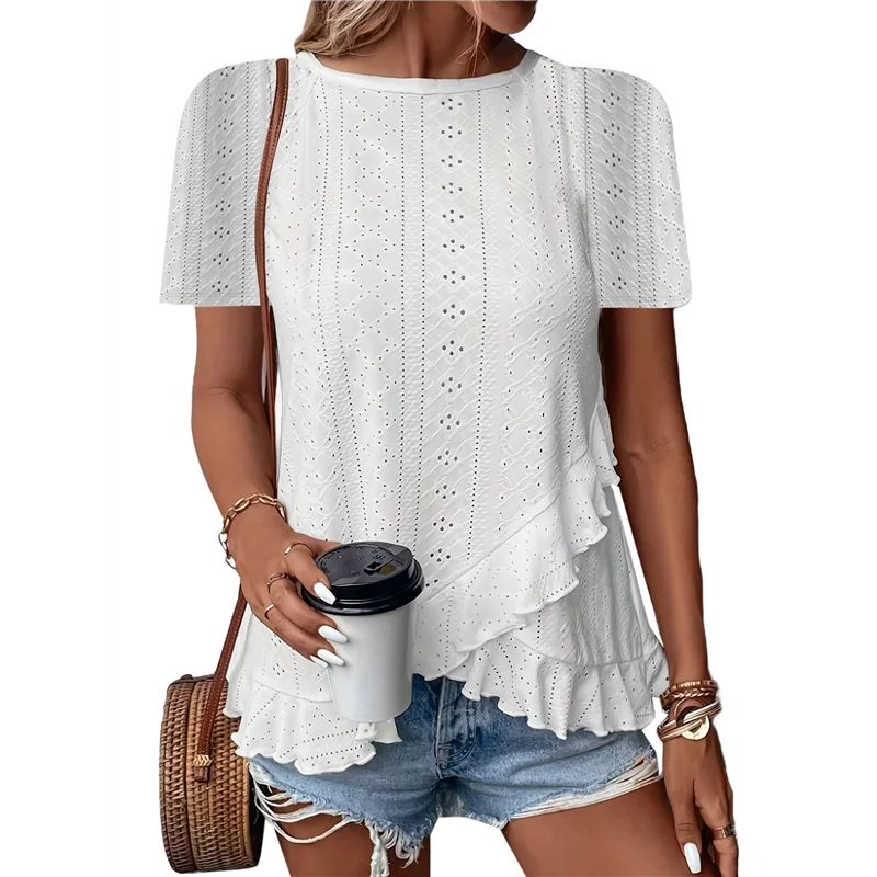

【SEE】Summer Eyelet Tops For Women 2025 Trendy Asymmetric Hem Shirts Summer Fashion Solid Color Going Out Blouse