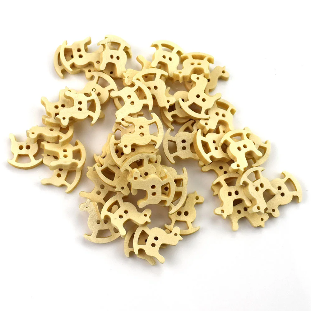 Natural Wooden Horse Buttons for Scrapbooking, Handmade Sewing Accessories, DIY Craft, Baby Clothing, 2Hole, 18mm, 50Pcs