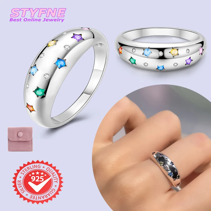 Women 925 Sterling Silver Colorful Star Guardian Rings Jewelry Anniversary Birthday Fashion Gifts for Mother Wife Girls