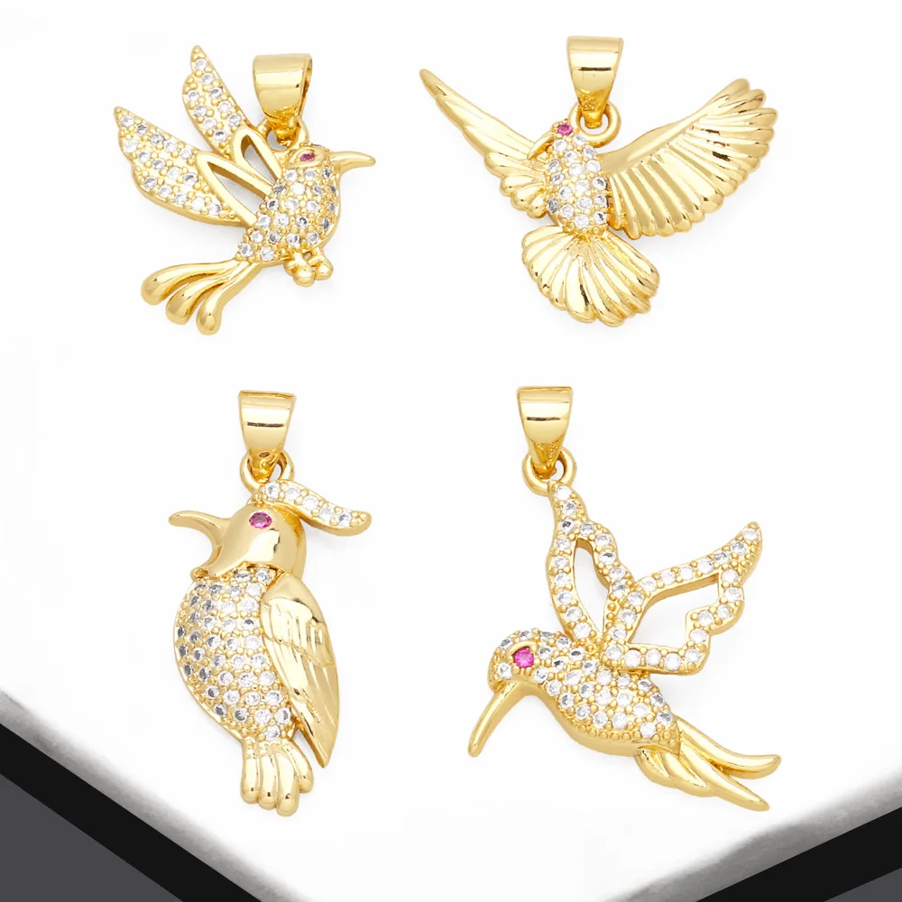 OCESRIO White Crystal Hummingbird Animal Pendant for Necklace Copper Gold Plated Woodpecker Jewelry Making Supplies pdtb261