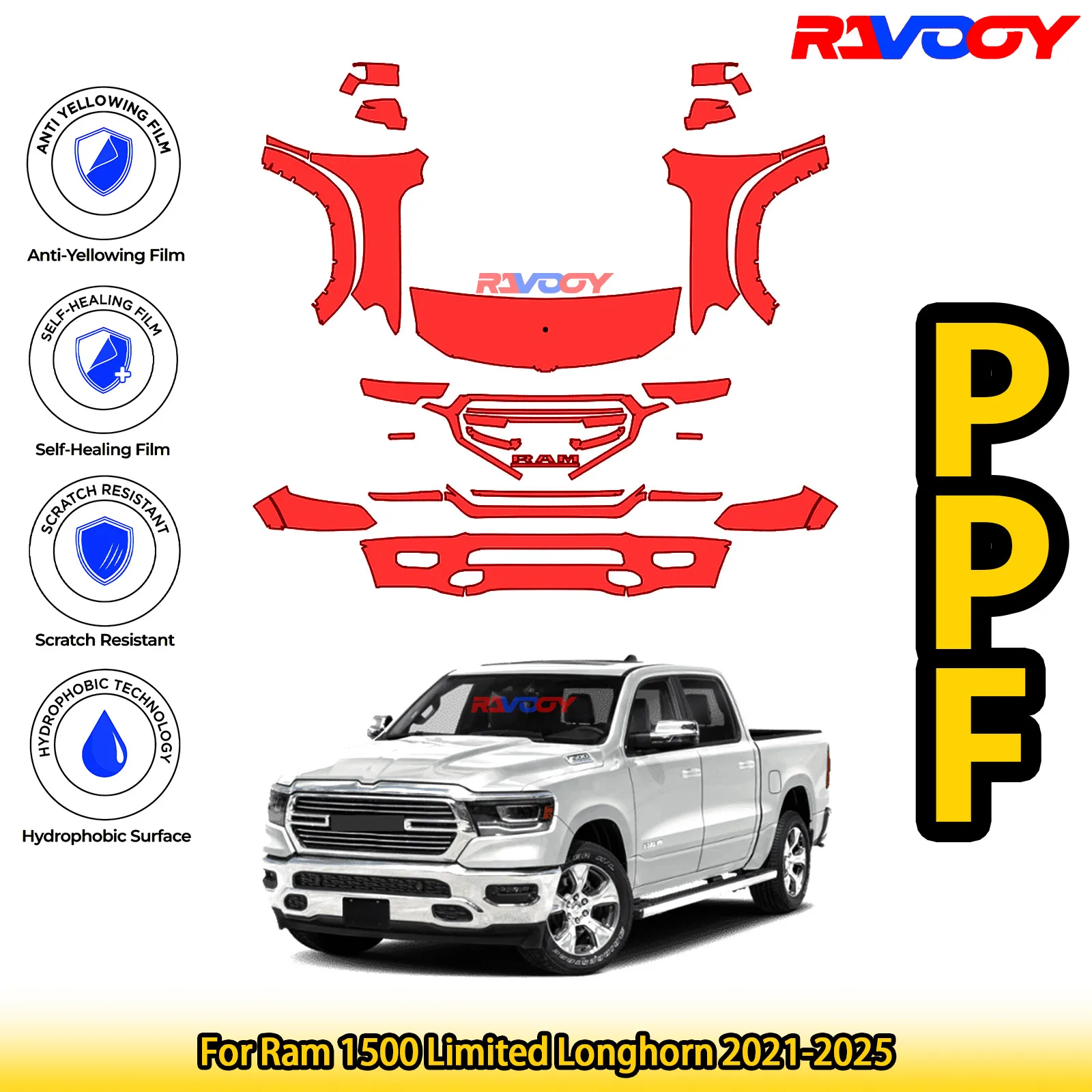 

Для Ram 1500 Limited Longhorn 2021-2025 глянцевая матовая черная предварительно вырезанная передняя защитная пленка PPF комплект