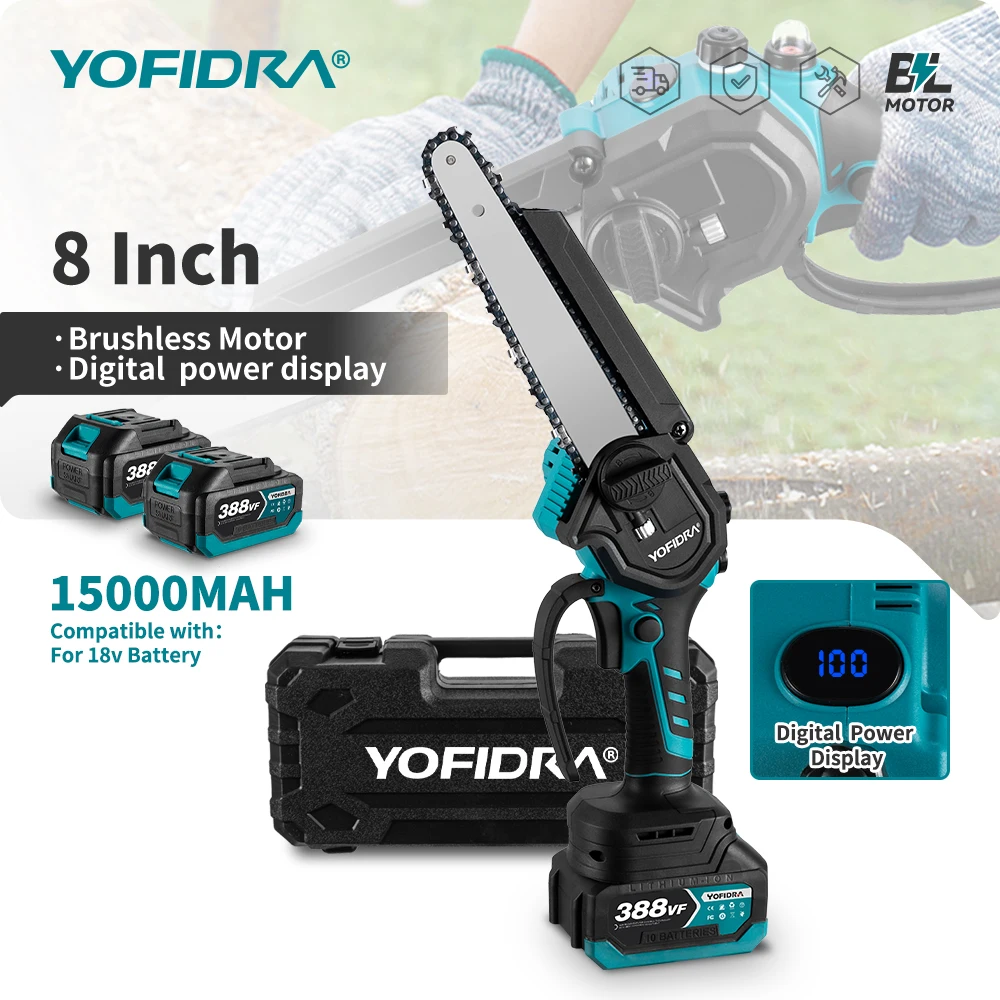 YOFIDRA 8 Inch Brushless Electric Chainsaw Cordless Rechargeable Woodworking Garden Pruning Saw Tool for Makita 18V Battery