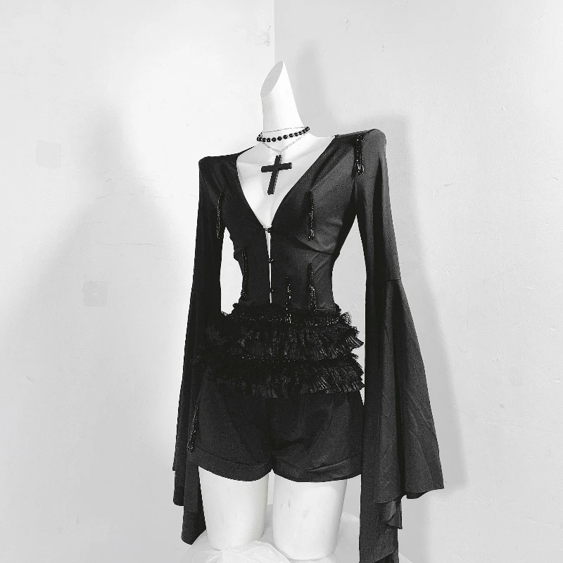 التصميم الأصلي القوطية الظلام الملابس النسائية الخريف جديد أسود تألق كريستال شرابة مثير وهمية قطعتين سروال فستان السيدات