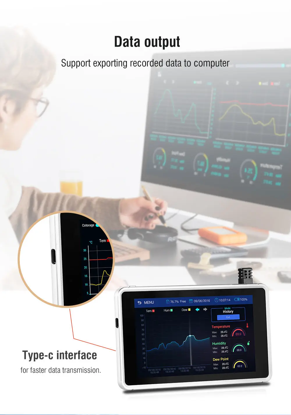 CEM DT1700H Temperature & Humidity Datalogger (-10~80°C, 10~95%RH) with Software Calculates and Graphs Curve