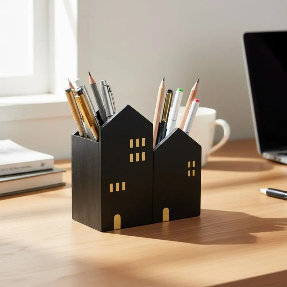 2PCS Wooden House Shape Pen Container Cartoon Vintage Cottage Shape Pen Holder Polished Surface Desktop Organizer Gift