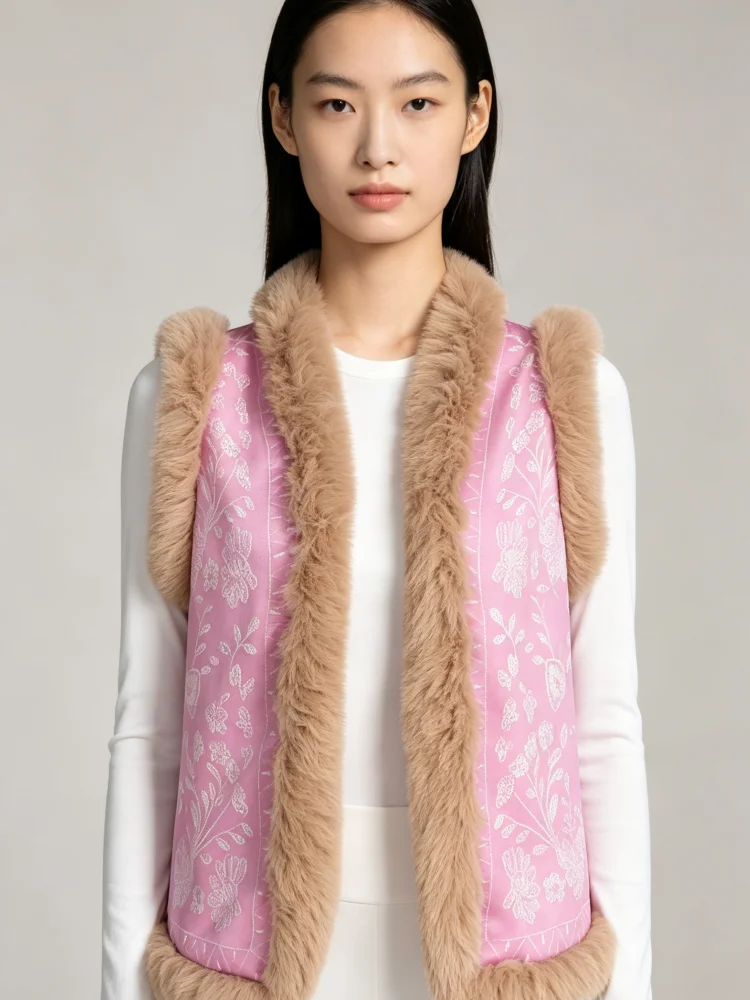 Women Gilet Faux Fur Sleeveless Vest Jacquard Furry Trim Open Front Waistcoat Vintage Boho Outerwear For Daily Party Streetwear