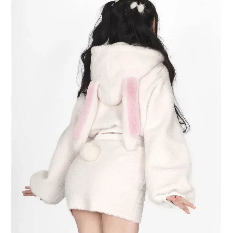 

2024 New Fluffy Rabbit Ear Hoodie Coat Women+ Y2k E-Girl High Waist Bodycon Split Skirts Winter Thicked Warm Two Piece Sets