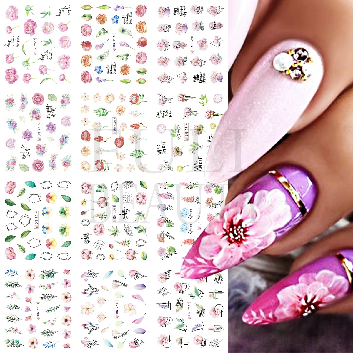 12pcs Pink Flowers Nail Stickers Spring Green Leaves Lavender Water Decal Sliders Geometry Line Nail Ar Decoration LEBN2509-2520