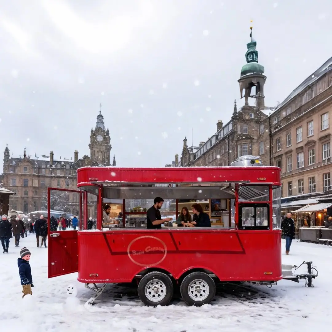 Bright Red Outdoor Food Trailer with Large-Area Transparent Glass Windows And Open Sales Window for Food Business