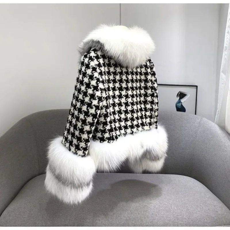 Winter Elegant Fur Coat Women Short Thousand Bird Check Fur Collar Silver Faux Fur Jackets Luxury Warm Parkas Cotton Clothes New