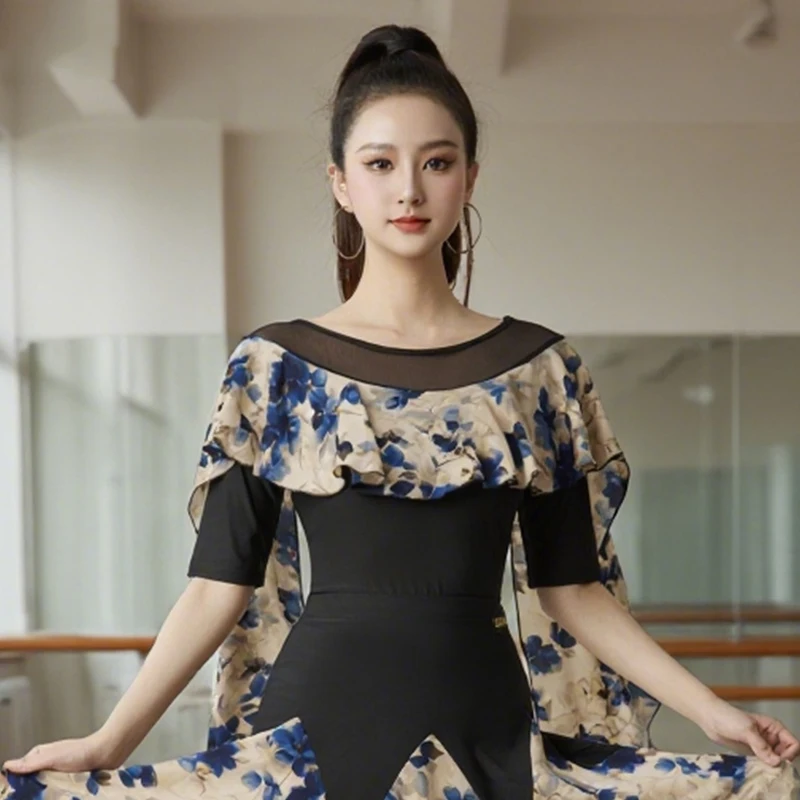 ملابس علوية لقاعة الرقص بأكمام عائمة للنساء شبكة سوداء ملابس الرقص الحديثة للبالغين ملابس ممارسة الرقص اللاتينية التانغو DW10843