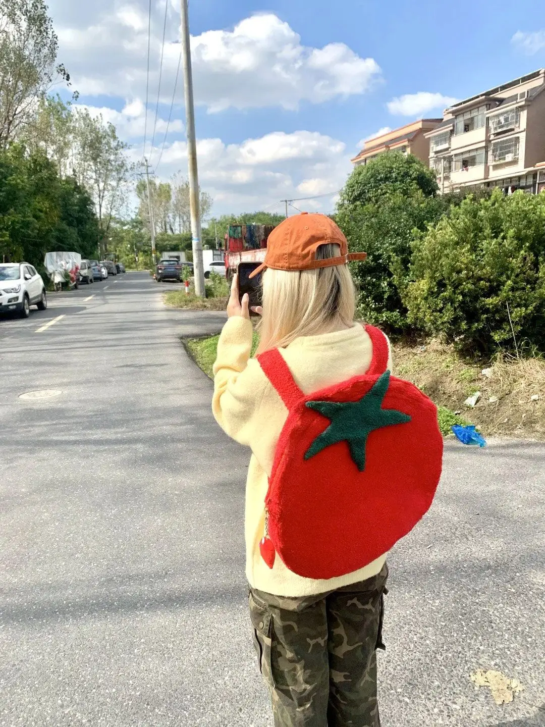 Red Big Tomato Plush Backpack Cartoon Cute Tomato Large Capacity Backpack Autumn/Winter Women Casual Kawaii Schoolbag Travel Bag