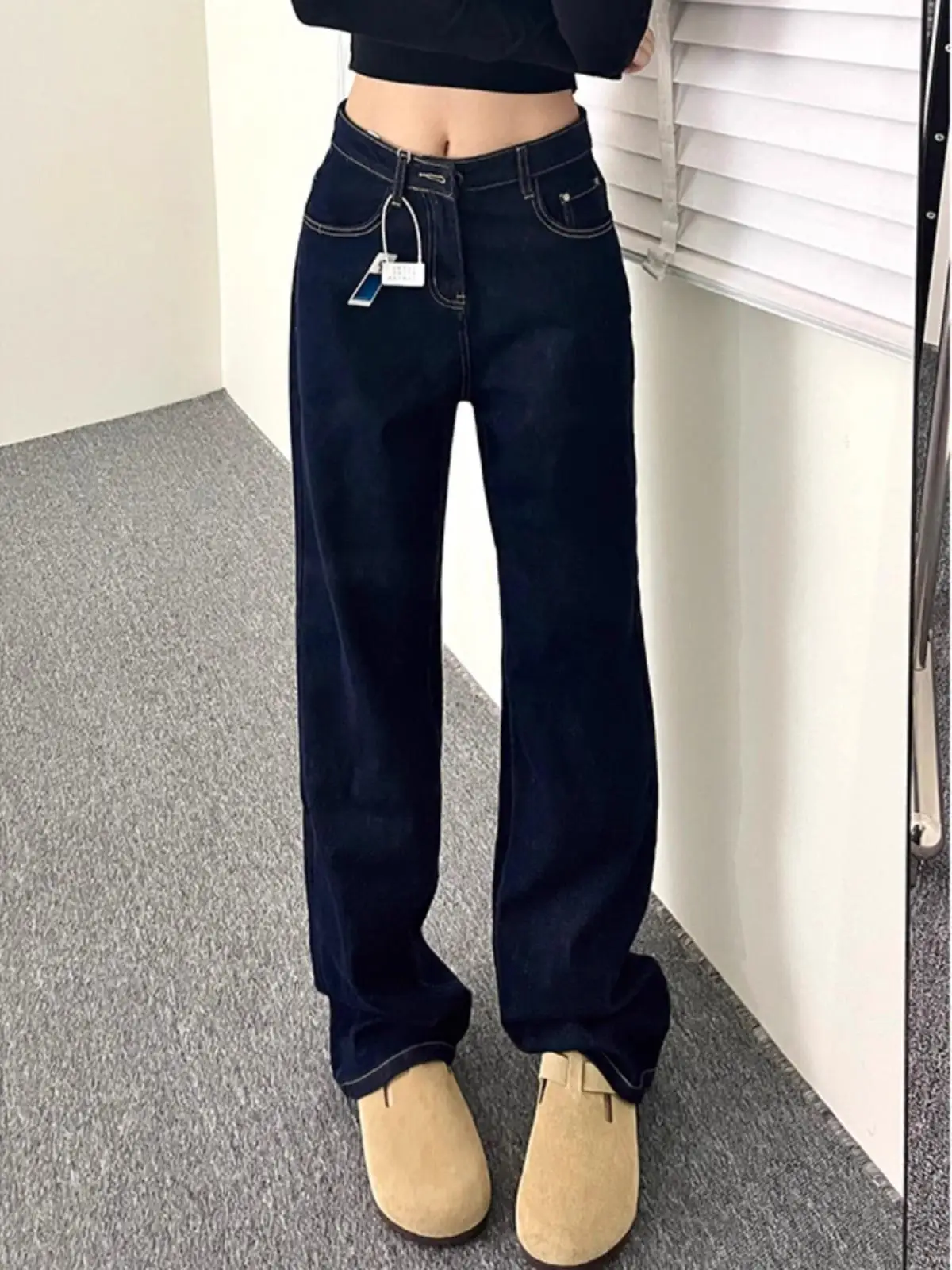 

Deep Blue Fce Lined Wide Leg Denim Jeans High Waist Floor Length Women's plus Size Loose Comfortable Slimming Winter Pants