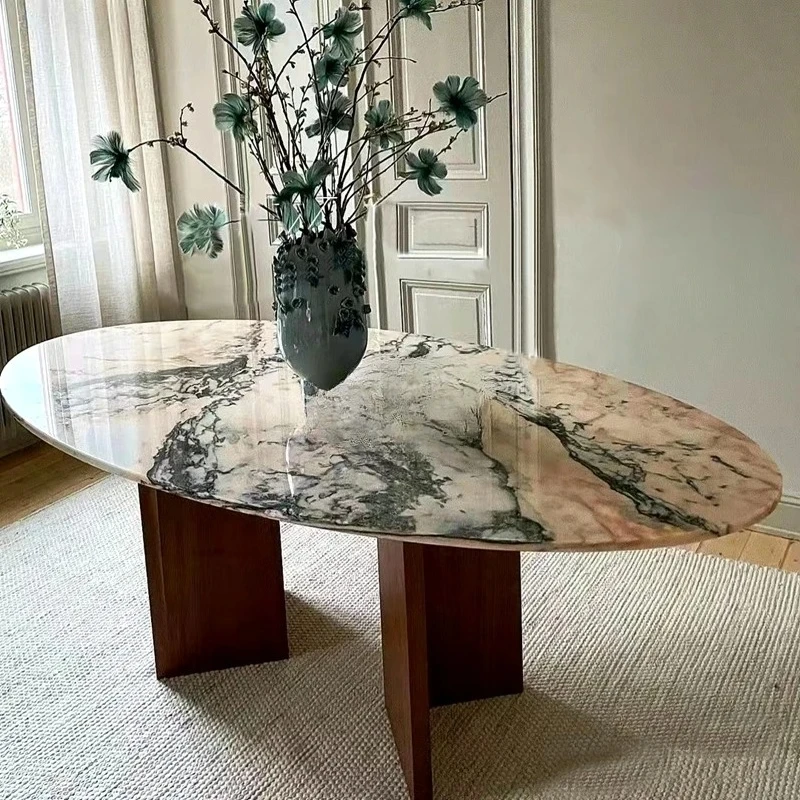 

Natural marble dining table Modern simple oval smoke powder marble Italian light luxury dining table