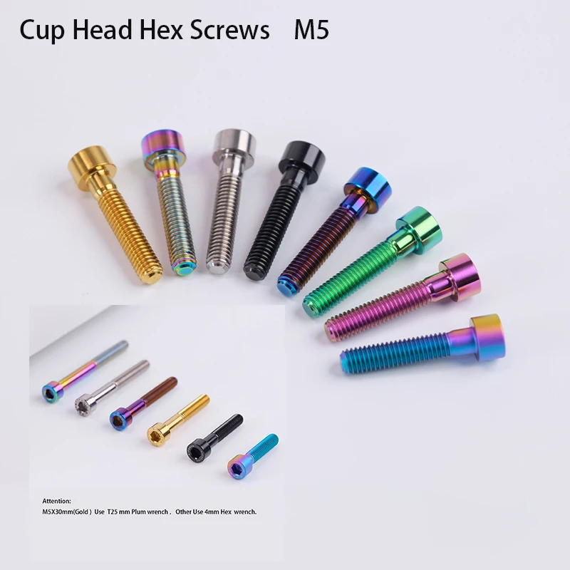 

1Pcs TC4 Titanium Alloy Cup Head Hex Screws M5 x 25 30 35-50mm Cylindrical Head Allen Bolt Motocycle Accessories