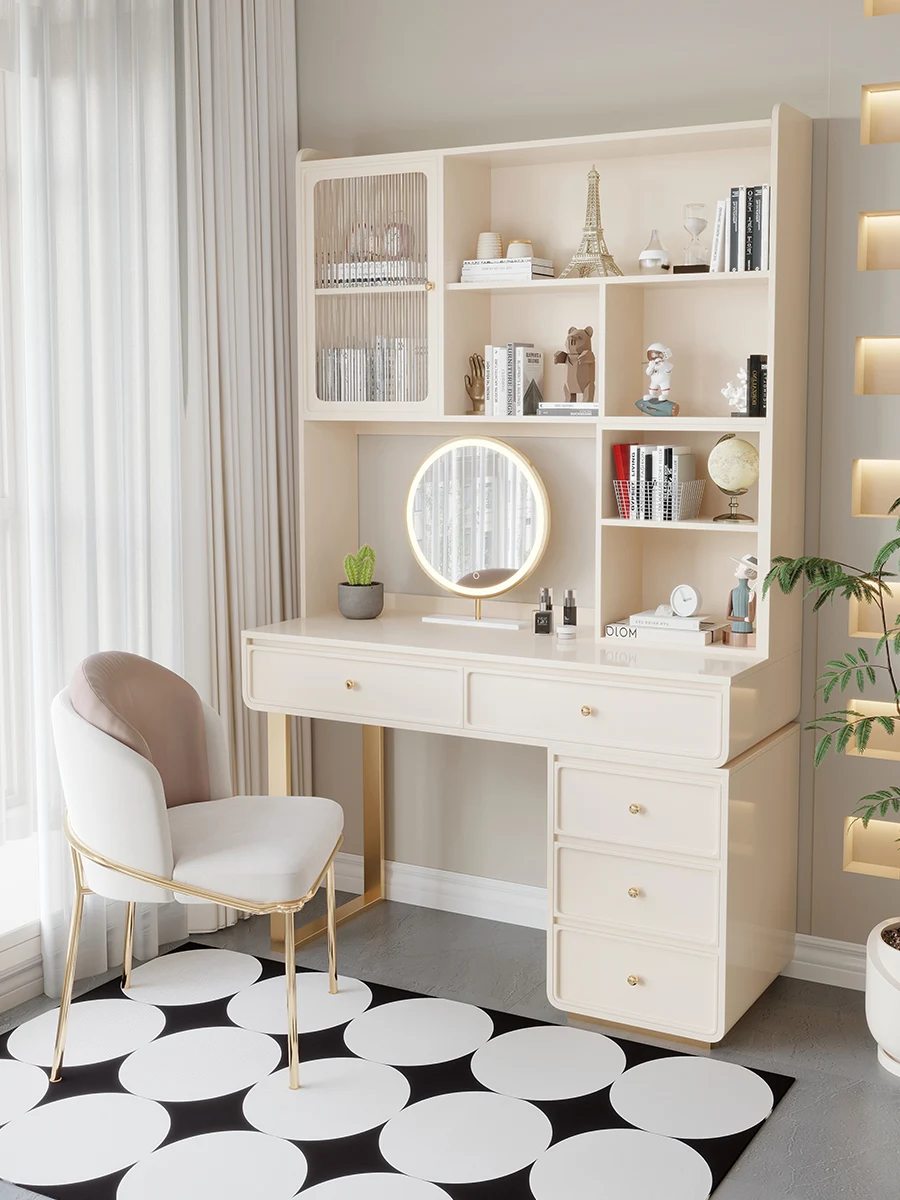 

Cream wind desk bookshelf dresser integrated bookcase household light luxury modern bedroom simple makeup table small apartment