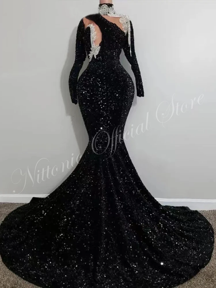 Luxury Black Evening Dresses for Woman O-Neck Floor-Length Mermaid with Crystal Sequin Formal Occasion Prom Party Guest 2023 New