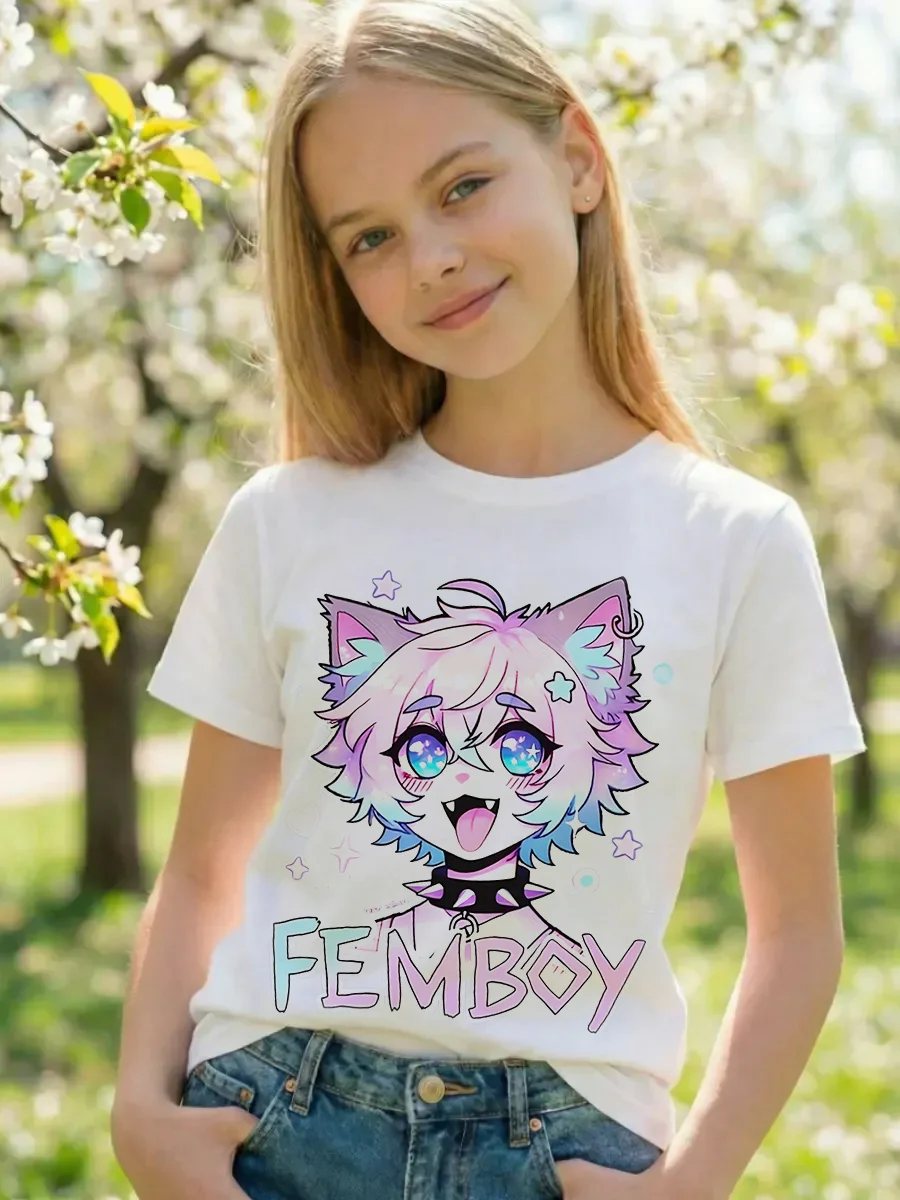Summer FEMBOY Cat Ears Characters Bold FEMBOY Anime Style Graphic Y2K Boy Girl T Shirt Kids Baby Youth Tee Oversize Vintage Punk