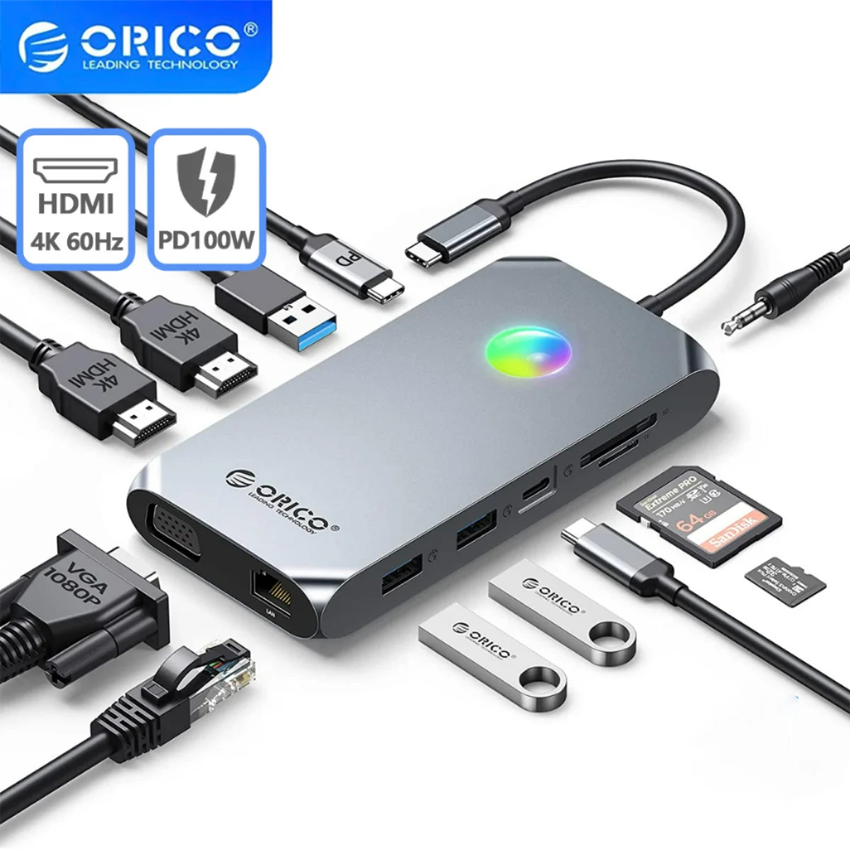 

ORICO RGB USB C Docking Station with 4K60Hz Dual HDMI-compatible VGA DP Ethernet 100W PD Hub SD/TF 3.5mm for Laptop Macbook Pro