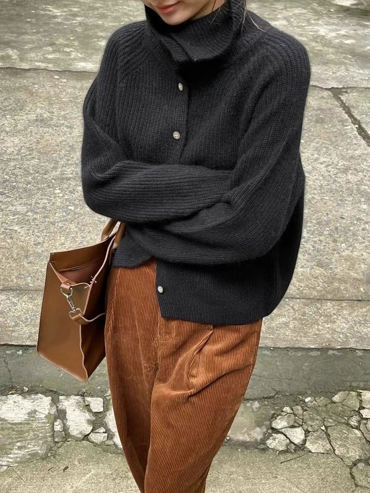 เสื้อคาร์ดิแกนคอสูงแบบเปิด รุ่น Pure Camere สำหรับผู้หญิง เสื้อสเวตเตอร์ชั้นใน เสื้อคลุมด้านนอก สำหรับฤดูใบไม้ร่วงและฤดูหนาว อุ่น นุ่มฟู แขนยาว