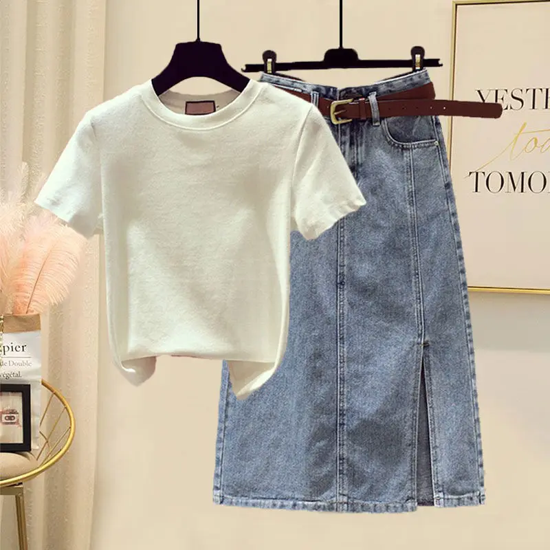 Large Summer Fashion Women's Suit 2022 New Short Sleeve T-shirt Slim Split Denim Skirt Two Piece Women's Skirt Suit