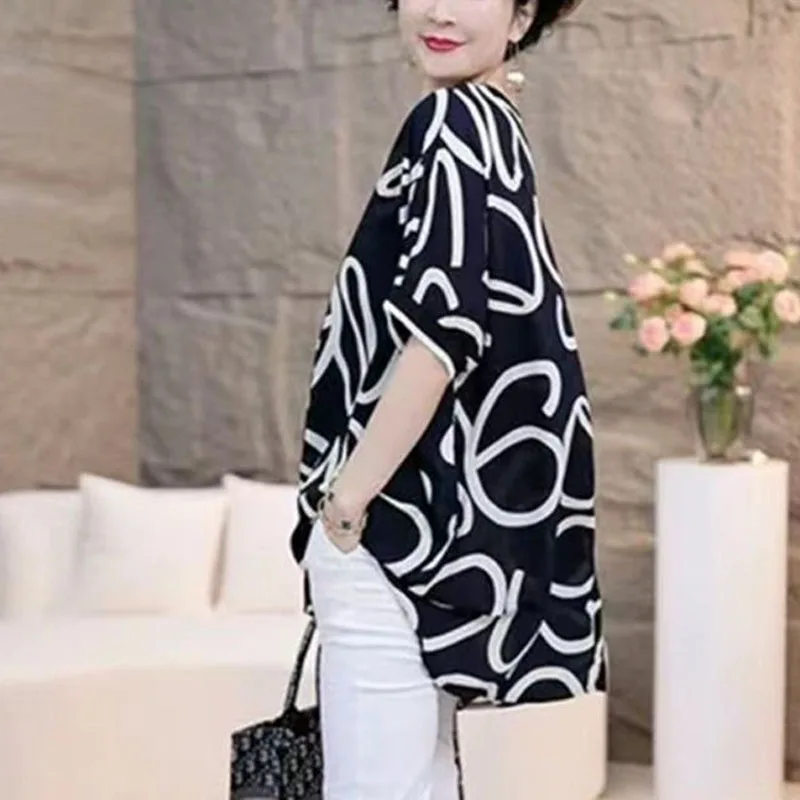 Summer New Women's Pullovers Spliced Color V-Neck Printed Elegant Fashion Loose All-match Commuter Half Sleeve Chiffon Blouse