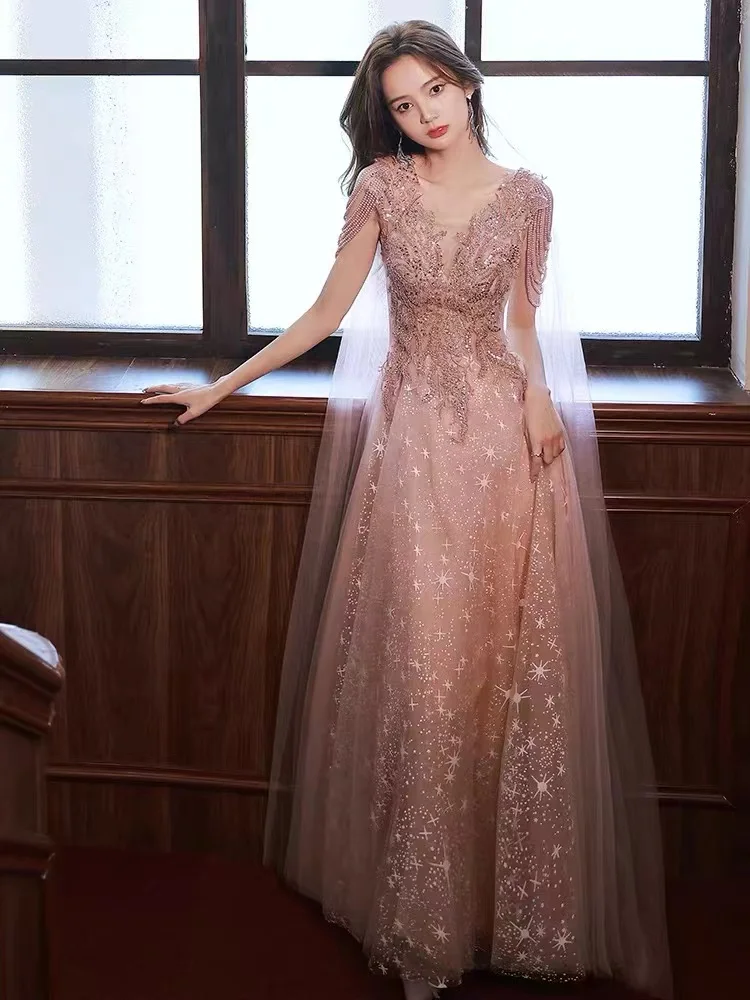 Роскошные розовые женские платья подружки невесты с v-образным вырезом и кружевом трапециевидной формы с аппликацией из бисера и блестками с кисточками длиной до пола, вечернее платье для банкета и вечеринки