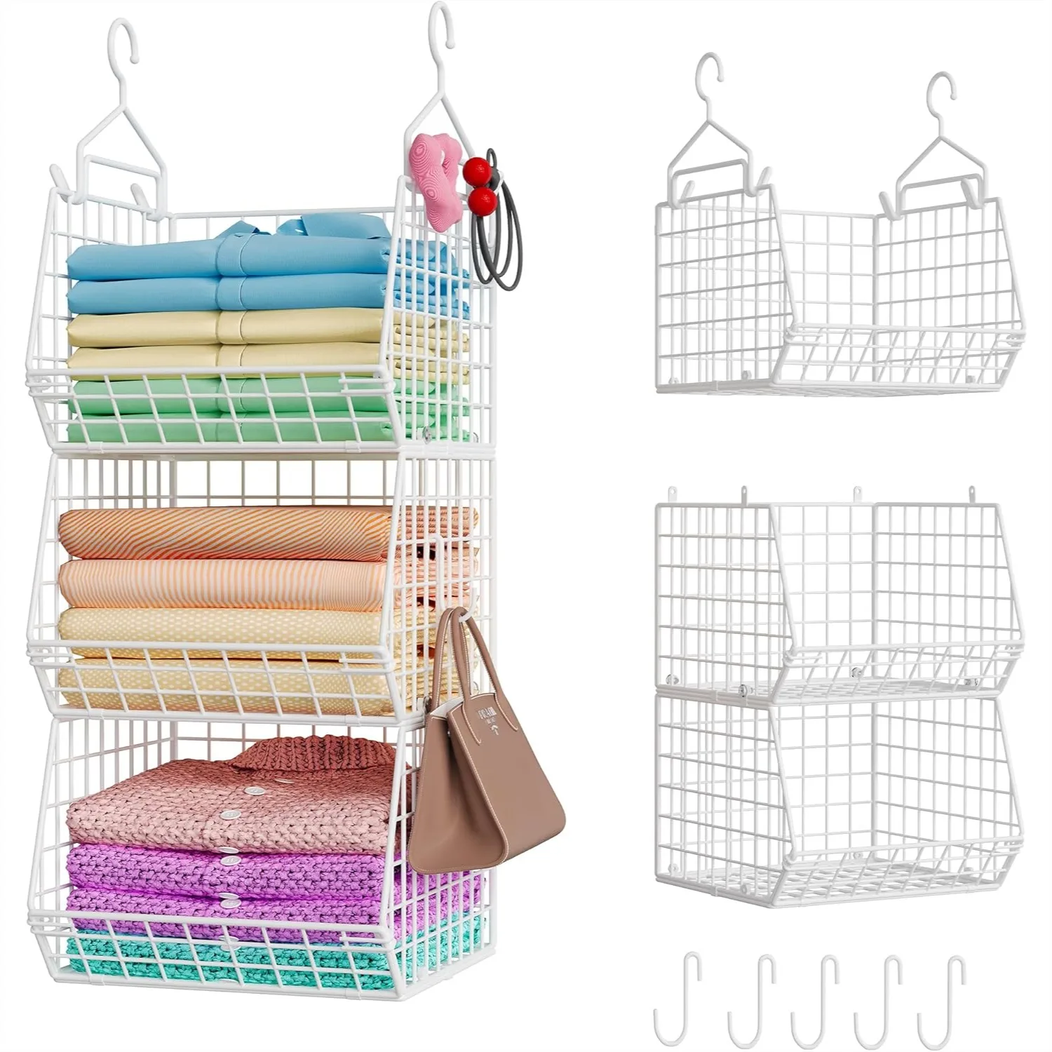 

Трехуровневый складной органайзер для шкафа с 5 S-образными крючками, настенные корзины для хранения одежды и аксессуаров - белый, запатентованный дизайн