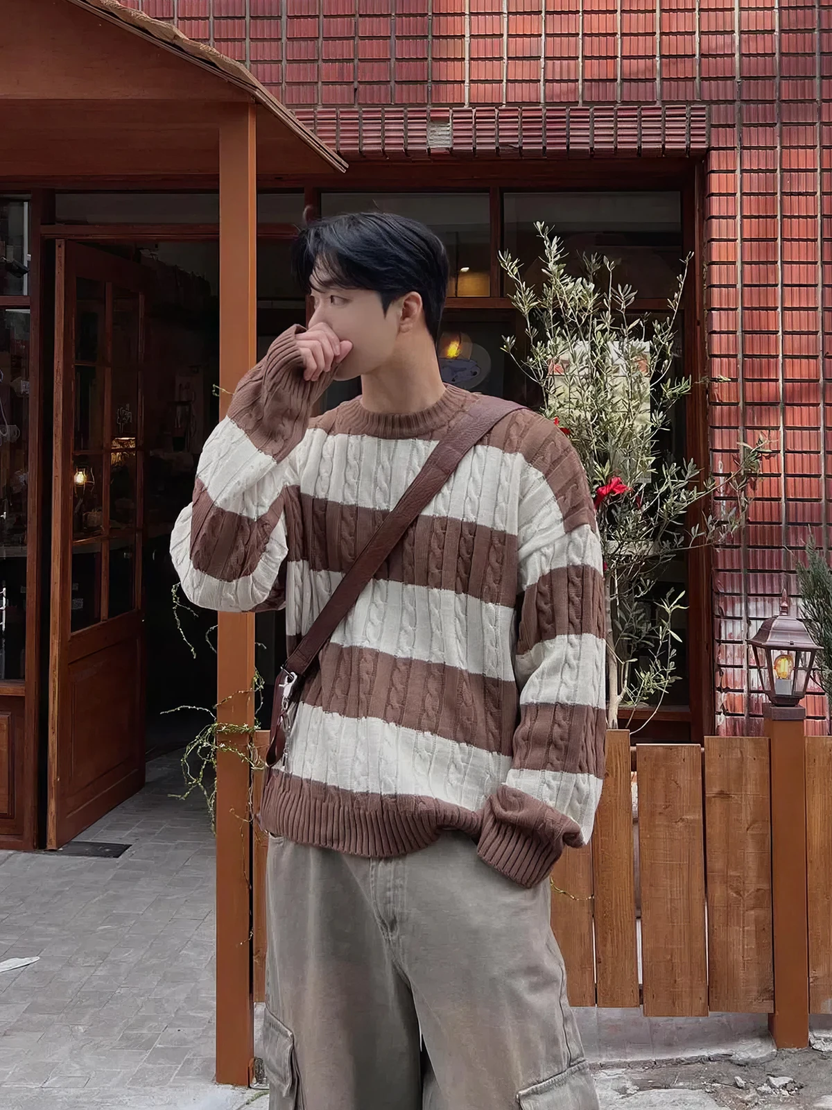 

Japanese Lazy Sle round Ne Striped Men's Knitwear Spring Autumn American Trendy High Street Overhead Heavy Knitted Coat