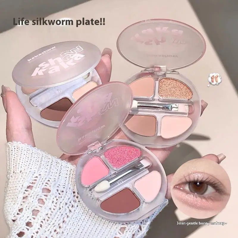 Paleta de sombra de ojos de 4 colores, colorete, delineador de ojos, sombra de ojos, gusano de seda, resaltado, ilumina el contorno, maquillaje Natural de larga duración