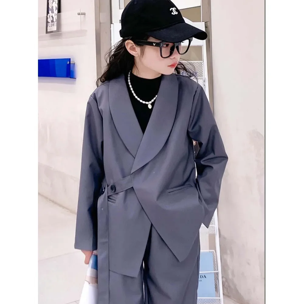 

Fashion Suit for Girls Chic Shawl Lapel Blazer with a Belt Party Casual Wedding Tuxedo 2 Piece Children's Clothing Blazer Pants