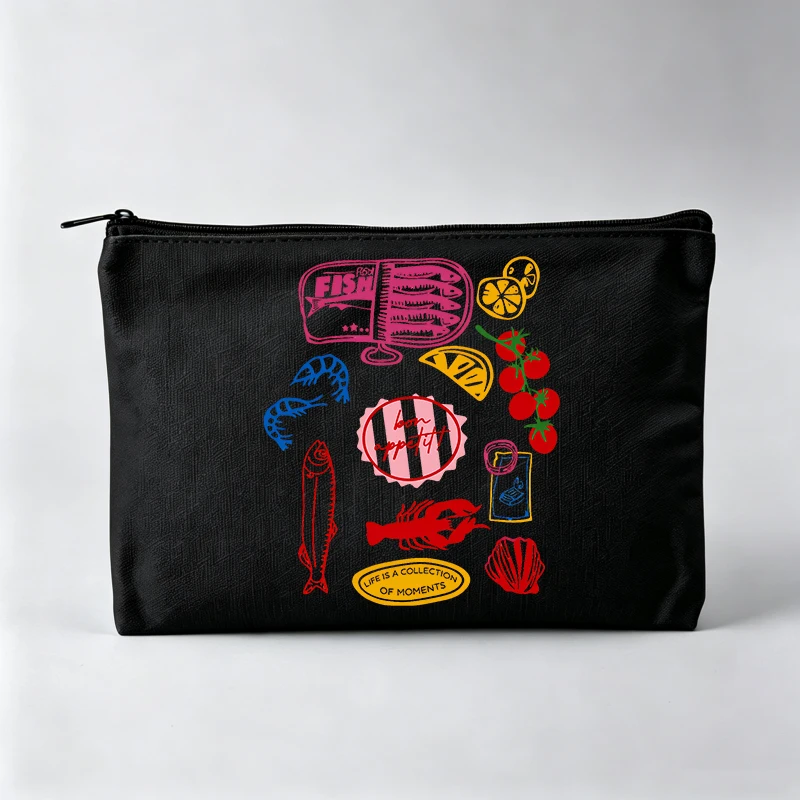 Women's Seafood and Food Graphic Makeup Bag, Artistic Print Cosmetic Pouch for Daily Use