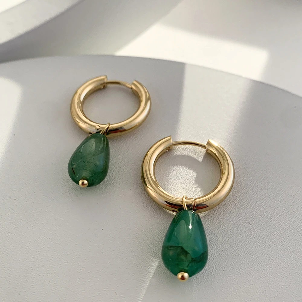 Transparent Green Natural Stone Teardrop Earrings for Women Simple Stainless Steel Gold Plated Hoops Huggies Jewelry Gift